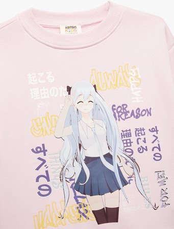 Uzun Kollu Bisiklet Yaka Şardonlu Anime Baskılı Sweatshirt