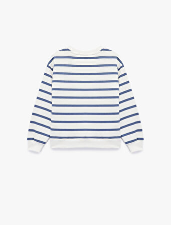 Şardonlu Bisiklet Yaka Uzun Kollu Nakış Detaylı Çizgili Sweatshirt