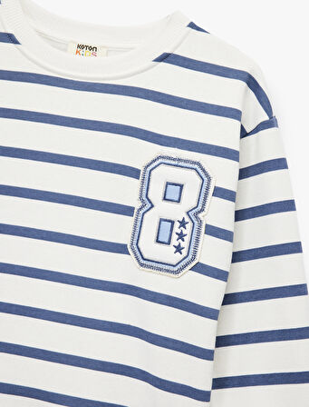 Şardonlu Bisiklet Yaka Uzun Kollu Nakış Detaylı Çizgili Sweatshirt