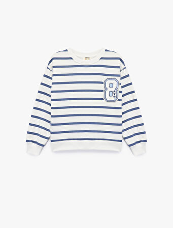 Şardonlu Bisiklet Yaka Uzun Kollu Nakış Detaylı Çizgili Sweatshirt