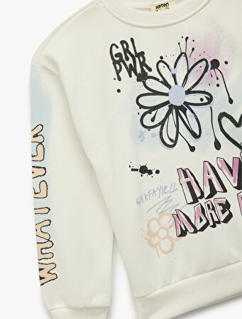 Uzun Kollu Bisiklet Yaka Baskılı Şardonlu Sweatshirt