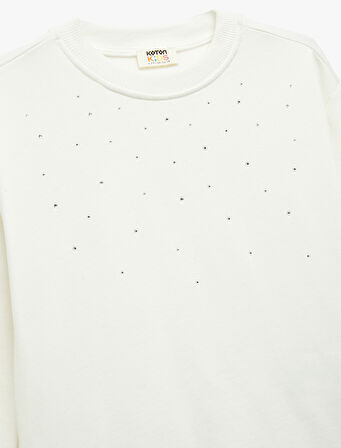 Taş Detaylı Uzun Kollu Bisiklet Yaka Şardonlu Pamuklu Sweatshirt