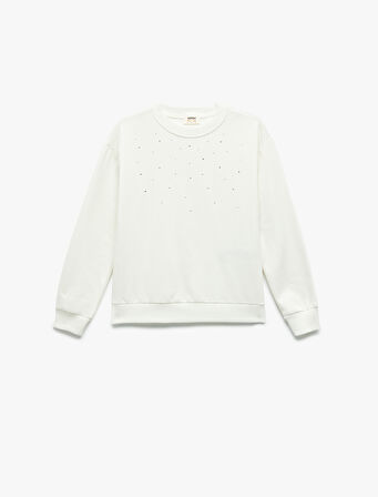 Taş Detaylı Uzun Kollu Bisiklet Yaka Şardonlu Pamuklu Sweatshirt