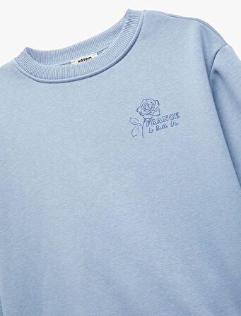 Pamuklu Uzun Kollu Bisiklet Yaka Baskılı Sweatshirt