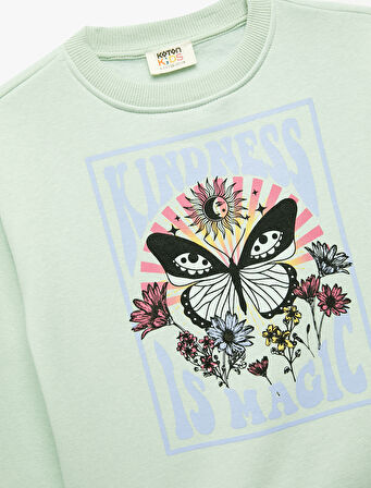 Uzun Kollu Bisiklet Yaka Pamuklu Kelebek Baskılı Sweatshirt