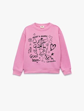 Uzun Kollu Bisiklet Yaka Şardonlu Baskılı Sweatshirt