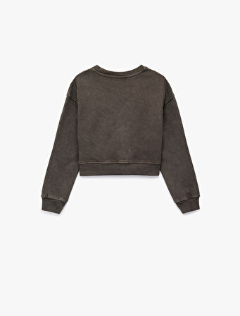 Baskılı Uzun Kollu Bisiklet Yaka Crop Sweatshirt