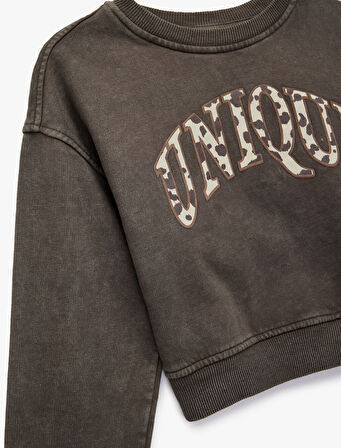 Baskılı Uzun Kollu Bisiklet Yaka Crop Sweatshirt