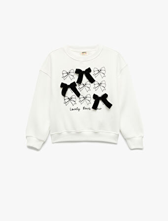 Fiyonk Detaylı Uzun Kollu Bisiklet Yaka Şardonlu Baskılı Sweatshirt