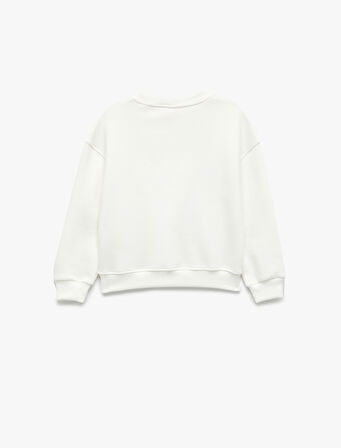 Fiyonk Detaylı Uzun Kollu Bisiklet Yaka Şardonlu Baskılı Sweatshirt