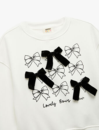 Fiyonk Detaylı Uzun Kollu Bisiklet Yaka Şardonlu Baskılı Sweatshirt