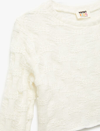 Uzun Kollu Bisiklet Yaka Dokulu Crop Sweatshirt