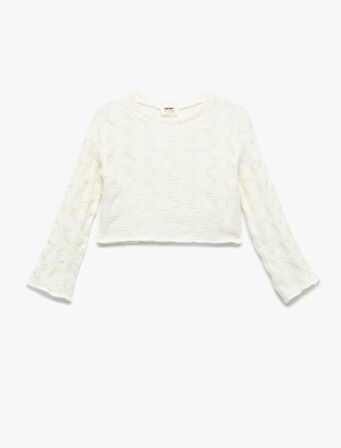 Uzun Kollu Bisiklet Yaka Dokulu Crop Sweatshirt