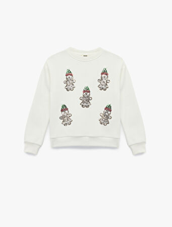 Şardonlu Uzun Kollu Bisiklet Yaka Pullu Payetli Sweatshirt