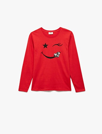 Uzun Kollu Bisiklet Yaka Pullu Payetli Tişört