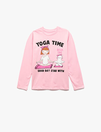 Pamuklu Bisiklet Yaka Baskılı Uzun Kollu Tişört