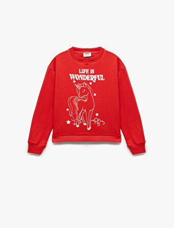 Şardonlu Uzun Kollu Bisiklet Yaka Pamuklu Unicorn Baskılı Sweatshirt