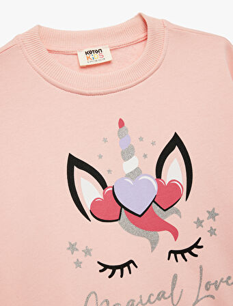 Simli Unicorn Baskılı Şardonlu Uzun Kollu Bisiklet Yaka Sweatshirt