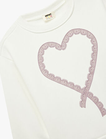 Şardonlu Uzun Kollu Bisiklet Yaka Kalpli Sweatshirt