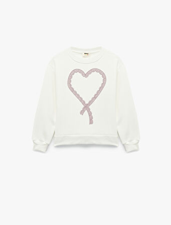 Şardonlu Uzun Kollu Bisiklet Yaka Kalpli Sweatshirt