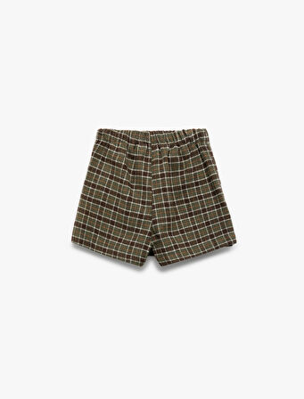 Ekose Desenli Kemer Detaylı Mini Şort Etek