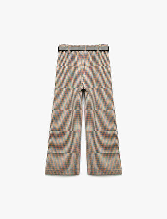 Kemer Detaylı Ekoseli Geniş Paça Pantolon