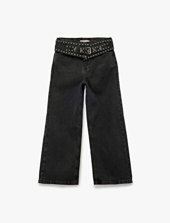Kuşgözü Detaylı Pamuklu Kemerli Geniş Paça Denim Pantolon