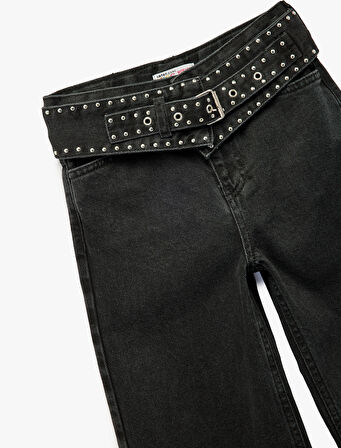 Kuşgözü Detaylı Pamuklu Kemerli Geniş Paça Denim Pantolon