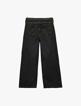 Kuşgözü Detaylı Pamuklu Kemerli Geniş Paça Denim Pantolon