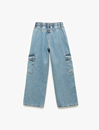 Pamuklu Cep Detaylı Geniş Paça Kargo Denim Pantolon