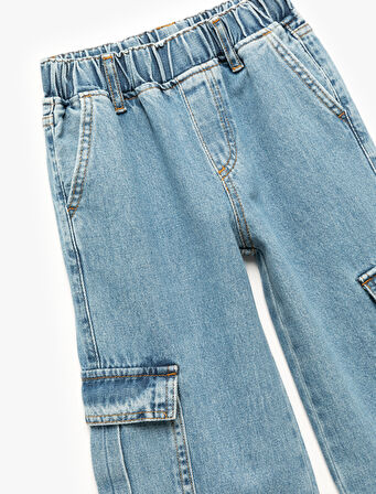 Pamuklu Cep Detaylı Geniş Paça Kargo Denim Pantolon