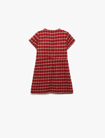 Fiyonk Detaylı Kısa Kollu Bisiklet Yaka Ekoseli Elbise