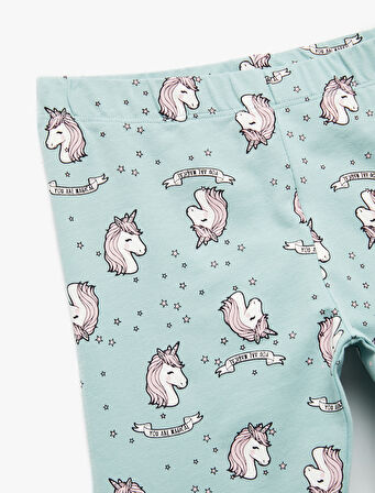 Unicorn Desenli Beli Lastikli Pamuklu Uzun Tayt