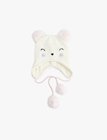 Ponponlu Nakış Detaylı Kedi Figürlü Örgü Bere 