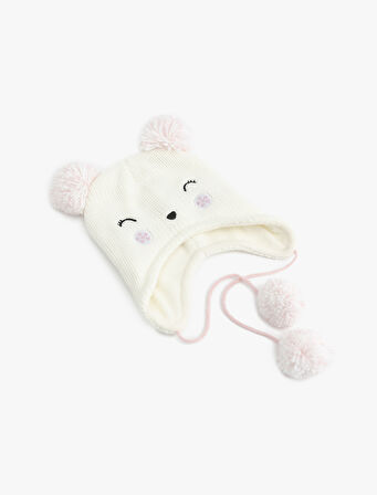 Ponponlu Nakış Detaylı Kedi Figürlü Örgü Bere 