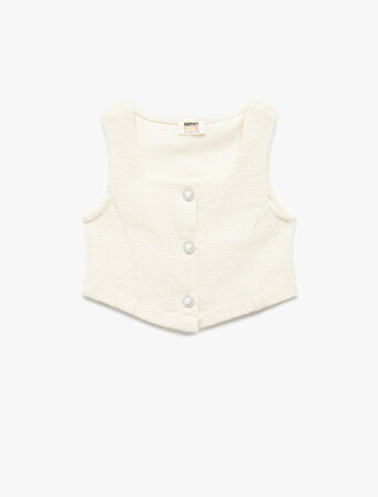 Pamuklu Kare Yaka Slim Fit Düğmeli Kolsuz Tüvit Crop Bluz