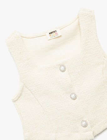 Pamuklu Kare Yaka Slim Fit Düğmeli Kolsuz Tüvit Crop Bluz