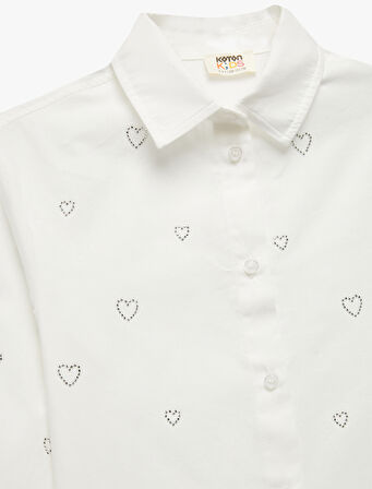 Uzun Kollu Kalp Desenli Taş Detaylı Pamuklu Gömlek