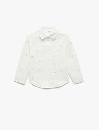 Uzun Kollu Kalp Desenli Taş Detaylı Pamuklu Gömlek