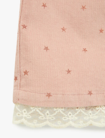 Dantel Detaylı Yıldız İşlemeli A Kesim Pamuklu Mini Etek