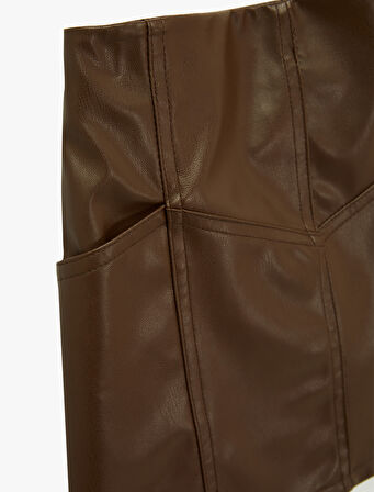 Beli Lastikli Diz Üstü Deri Görünümlü Etek