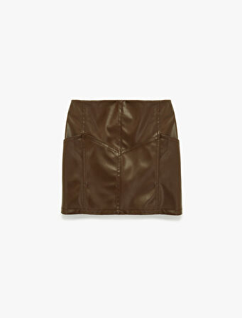 Beli Lastikli Diz Üstü Deri Görünümlü Etek