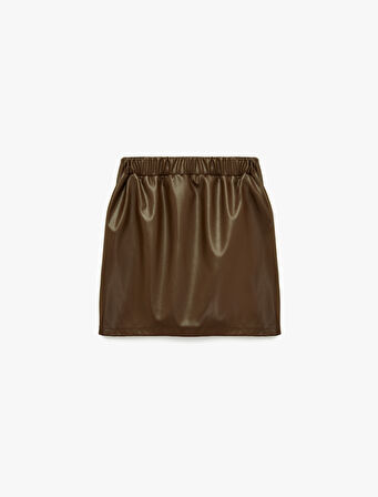 Beli Lastikli Diz Üstü Deri Görünümlü Etek