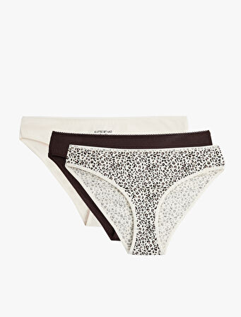 Kurdele Baskılı Rahat Kalıp Leopar Desenli Pamuklu 3'lü Brief Külot Seti