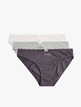 Pamuklu Rahat Kalıp Kurdele Detaylı Baskılı 3'lü Brief Külot Seti