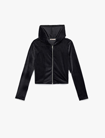 Fermuarlı Uzun Kollu Rahat Kalıp Kapüşonlu Crop Pijama Üstü 