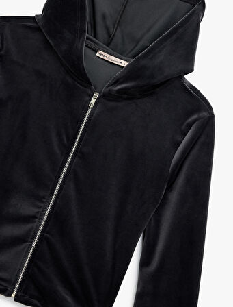 Fermuarlı Uzun Kollu Rahat Kalıp Kapüşonlu Crop Pijama Üstü 