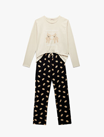 Pamuklu Uzun Kollu Ayıcık Baskılı Pijama Takımı