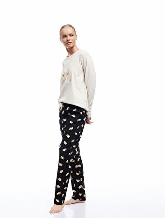 Pamuklu Uzun Kollu Ayıcık Baskılı Pijama Takımı