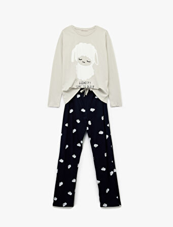 Pamuklu Kuzu Baskılı Uzun Kollu Pijama Takımı